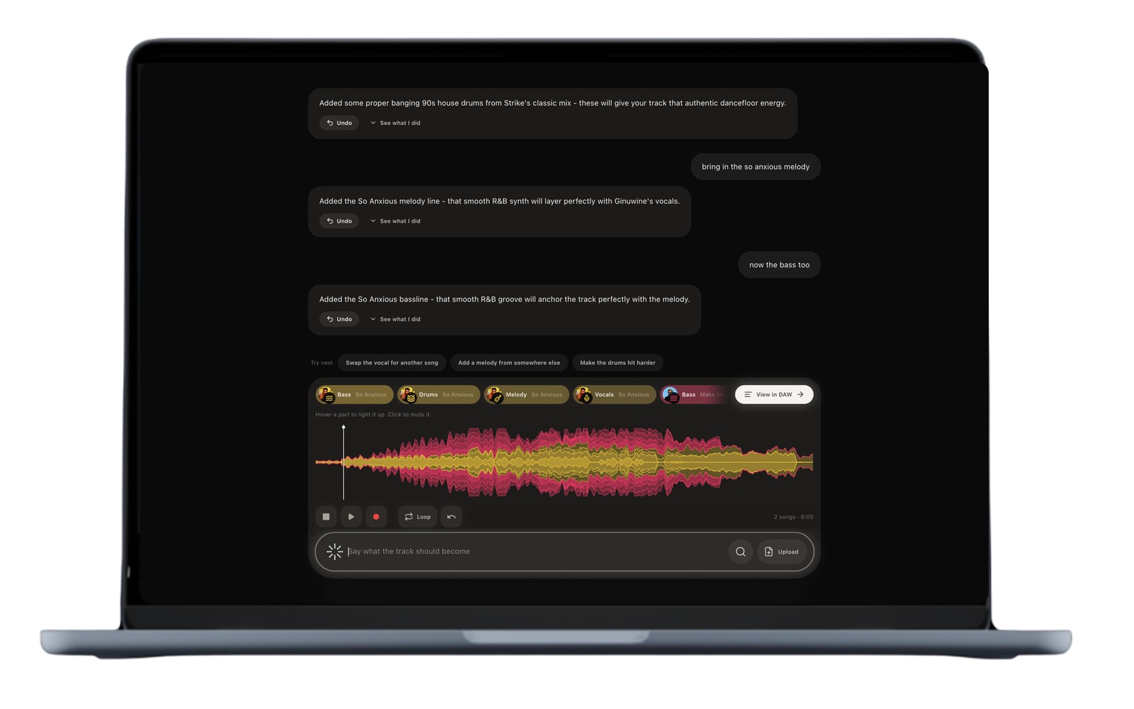 the chat: a prompt, the plan it made, and the stems it built