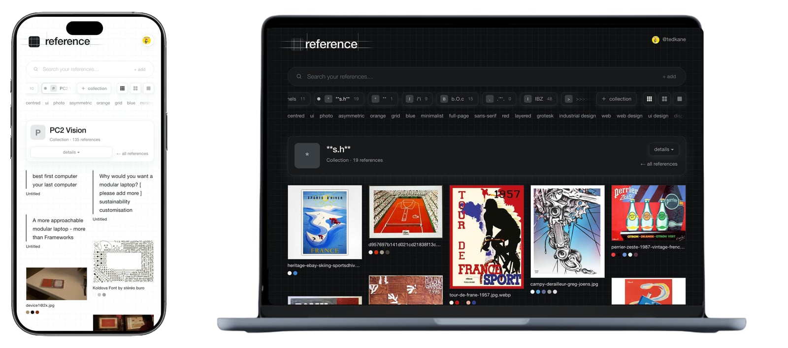 a collection on a phone, and the reference wall on a laptop