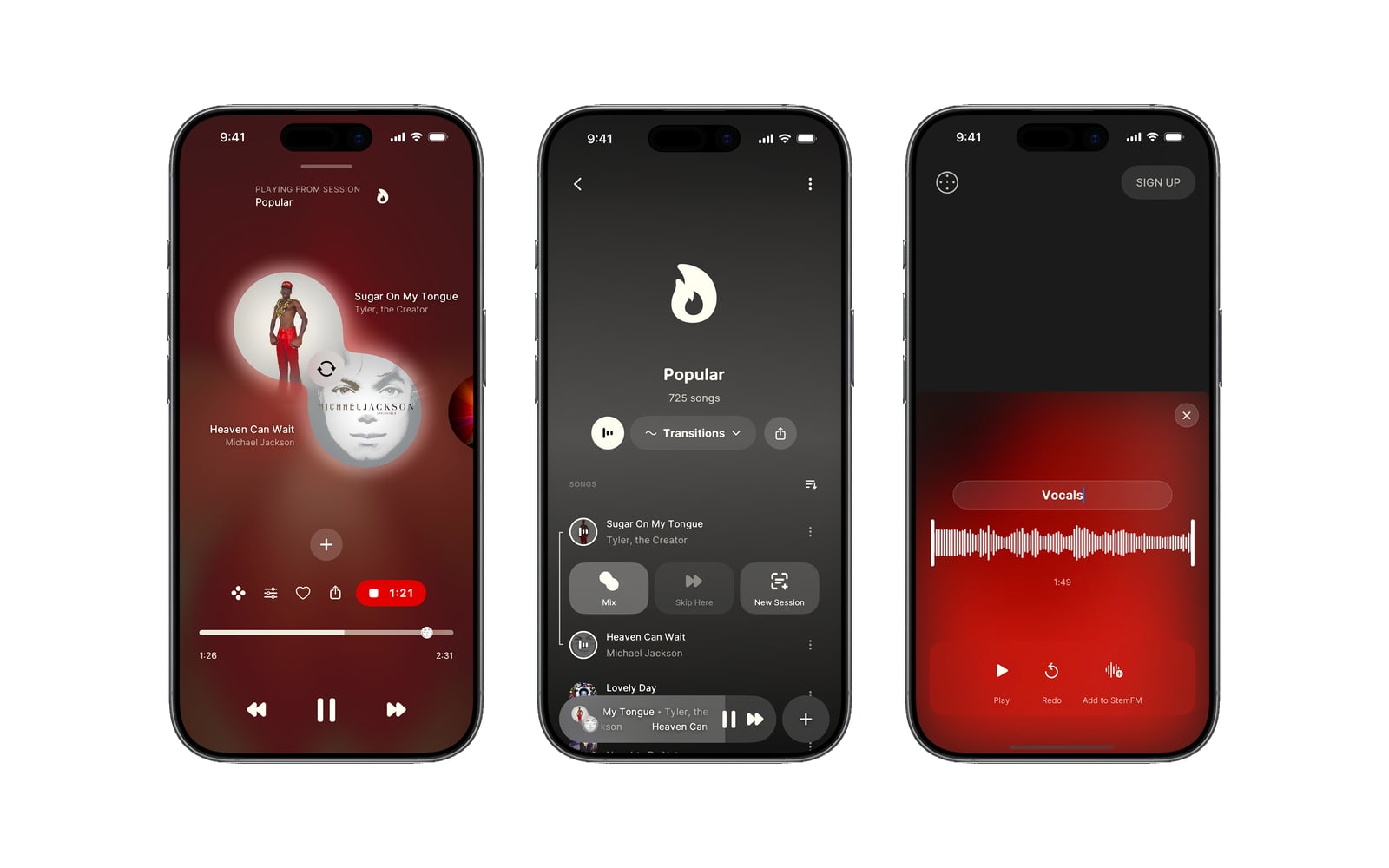 three screens of the app on a phone